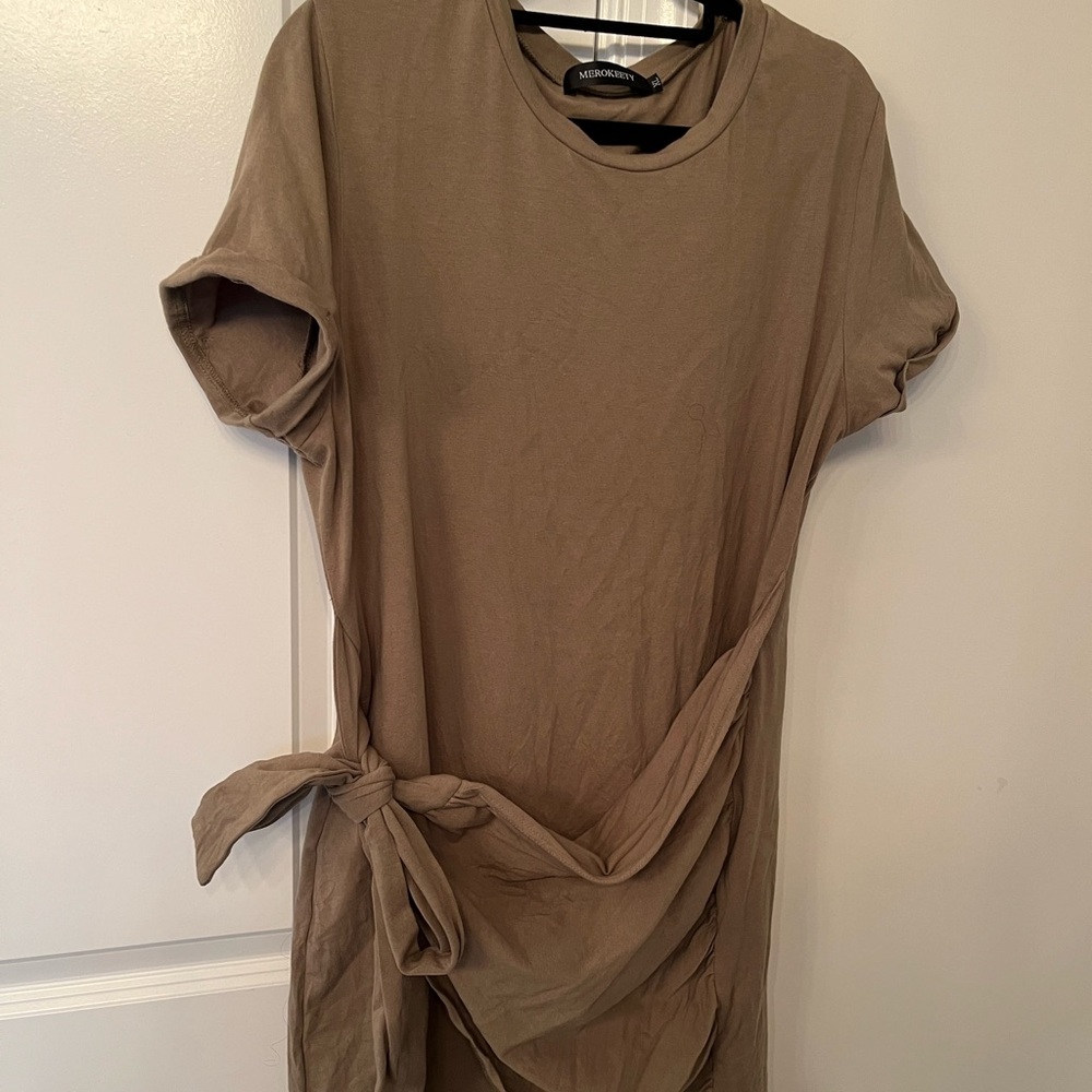 Olive green Short Sleeve Dress with Side Tie